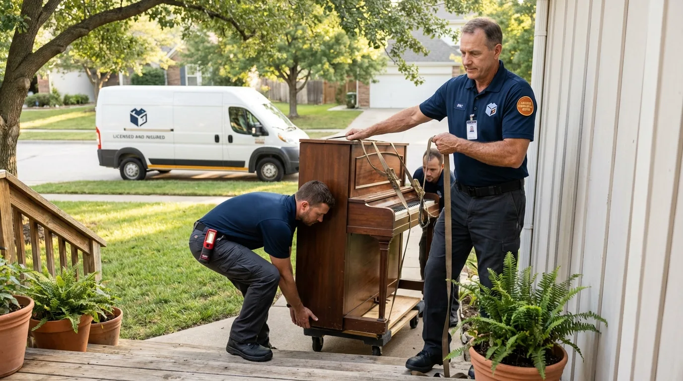 Licensed piano movers securing grand piano in Houston, TX